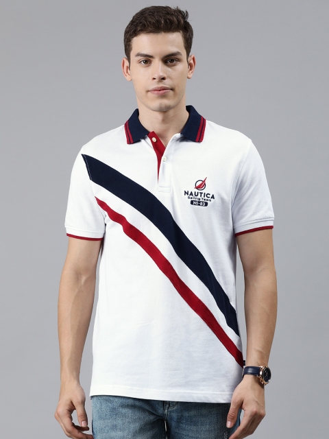 

Nautica Men White Navy Blue Striped Polo Collar Pure Cotton T-shirt
