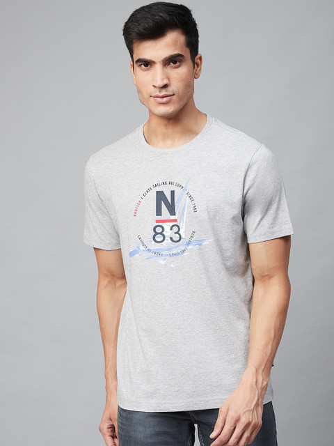 

Nautica Men Grey Melange Blue Printed Round Neck Pure Cotton T-shirt
