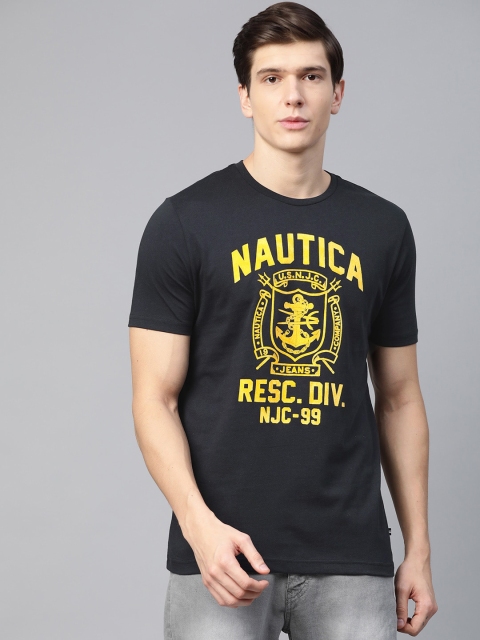 

Nautica Men Navy Blue & Yellow Printed Round Neck T-shirt