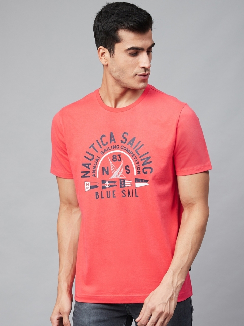 

Nautica Men Coral Pink Navy Blue Printed Round Neck Pure Cotton T-shirt