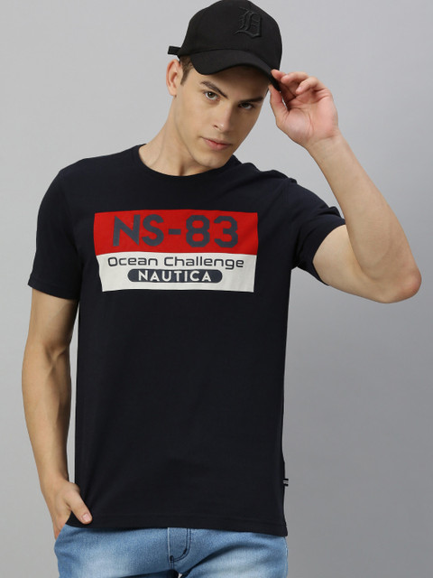 

Nautica Men Navy Blue Printed Regular Fit Round Neck Pure Cotton T-shirt