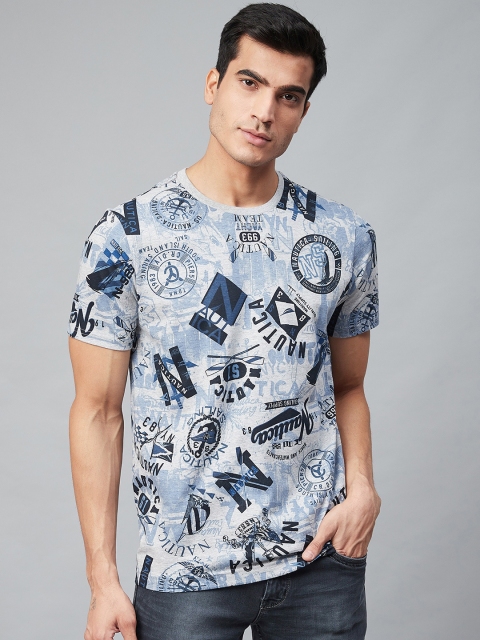 

Nautica Men Grey Navy Blue Printed Round Neck Pure Cotton T-shirt