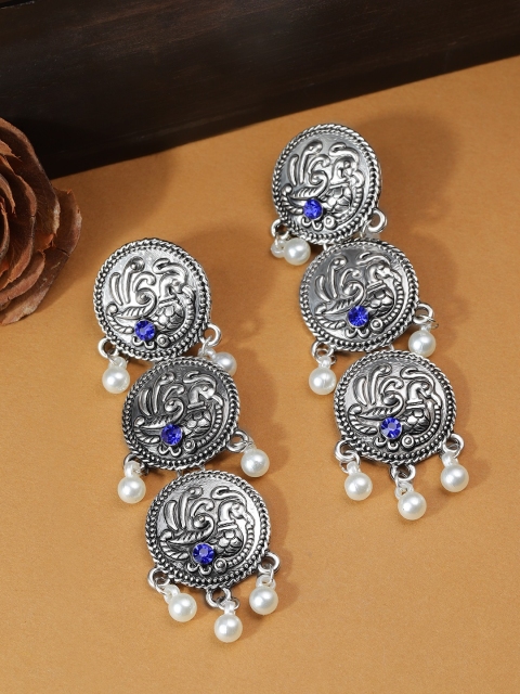 

Rubans Silver-Plated & Blue Oxidised Handcrafted Circular Drop Earrings
