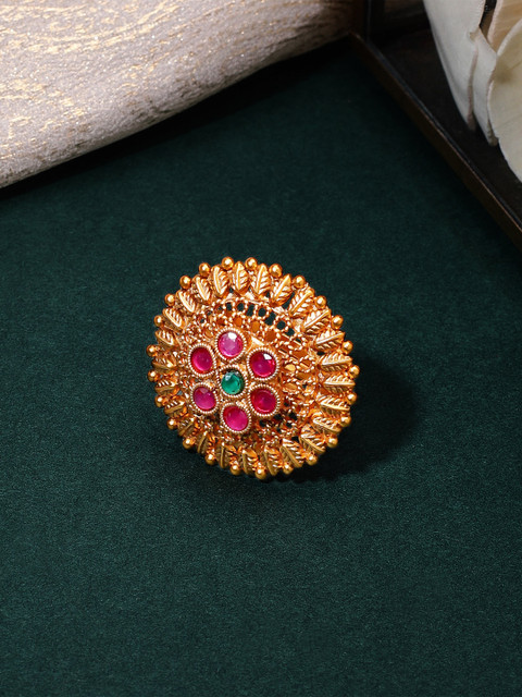

Rubans Gold-Plated Pink & Green Stone-Studded Adjustable Handcrafted Traditional Finger Ring