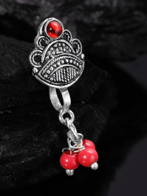 

Rubans Oxidised Silver-Plated & Red Stone-Studded Handcrafted Nosepin
