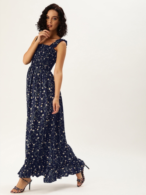 

U&F Women Navy Blue & White Printed Maxi Dress with Smocked Detail