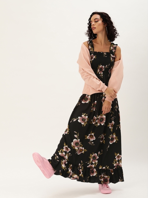 

U&F Women Black & Pink Printed Maxi Dress with Smocked Detail