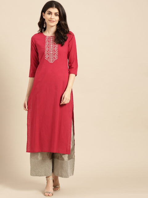 

Varanga Women Red & Golden Yoke Design Straight Kurta With Zari Detail