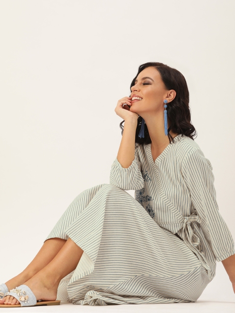 

Varanga Women Off-White & Blue Striped Wrap Dress With Puff Sleeves