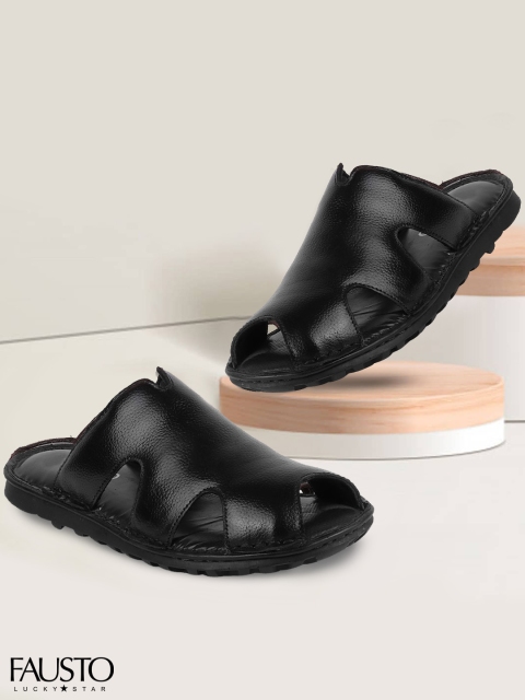 

FAUSTO Men Black Solid Comfort Leather Sandals