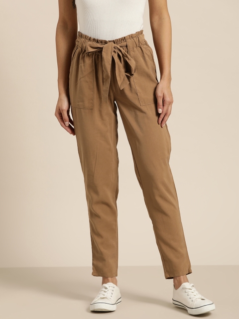 

Kraus Jeans Women Brown Regular Fit Solid High Rise Paper Bag Trousers