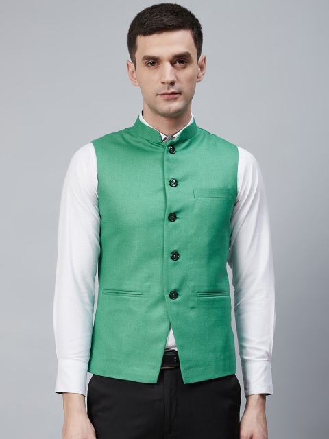

Shaftesbury London Men Green Solid Single-Breasted Nehru Jacket