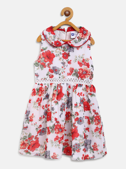

612 league Girls White & Red Printed Fit and Flare Dress