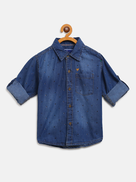 

612 league Boys Blue & Black Chambray Regular Fit Printed Casual Shirt
