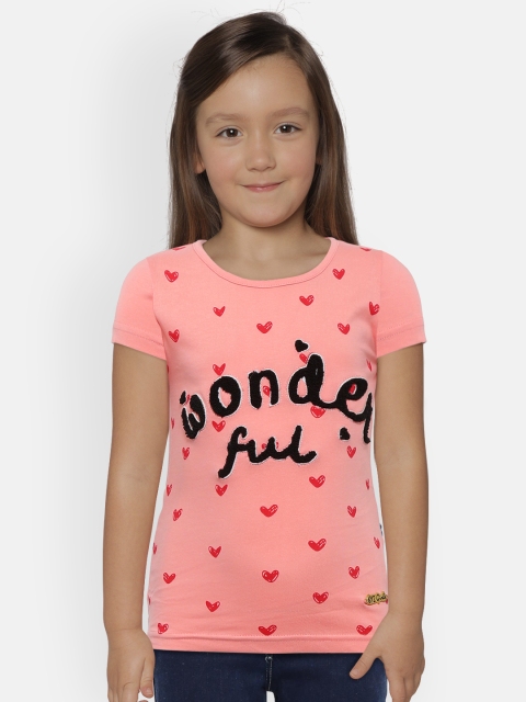 

612 league Girls Peach-Coloured & Red Printed Round Neck T-shirt