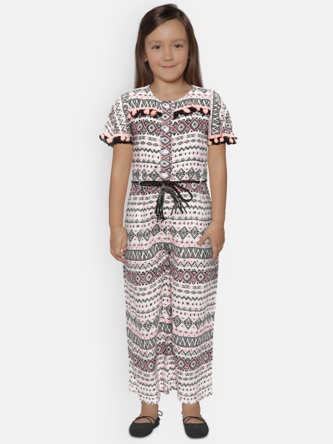 

612 league Girls White & Black Printed Basic Jumpsuit With Belt