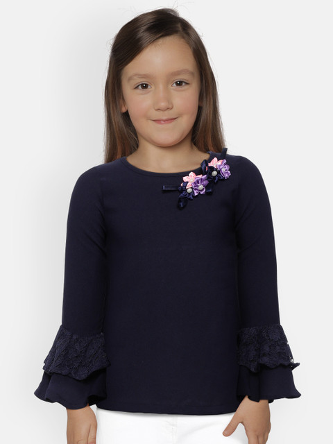 

612 league Girls Navy Blue Solid Top with Applique Detail