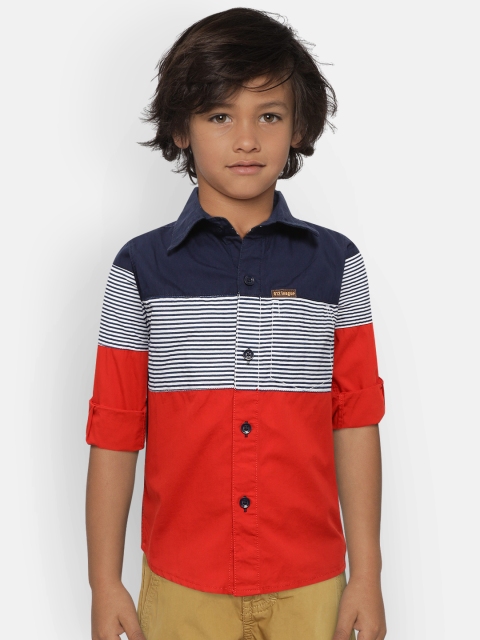 

612 league Boys Navy Blue & Red Regular Fit Striped Casual Shirt