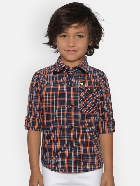

612 league Boys Navy Blue & Orange Regular Fit Checked Casual Shirt