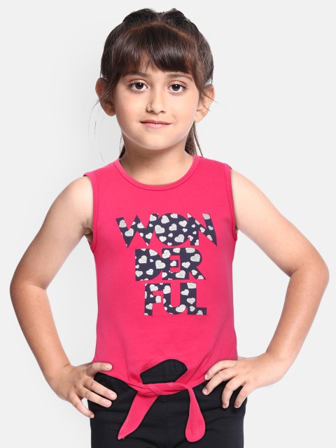 

612 league Girls Pink & Navy Blue Heart Print Tie-Up Top
