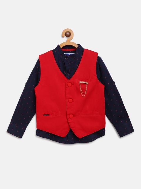 

612 league Boys Navy Blue & Red Regular Fit Printed Casual Shirt with Waistcoat & Brooch