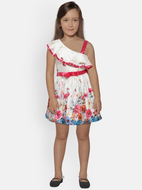 

612 league Girls White & Pink One Shoulder Floral Print A-Line Dress