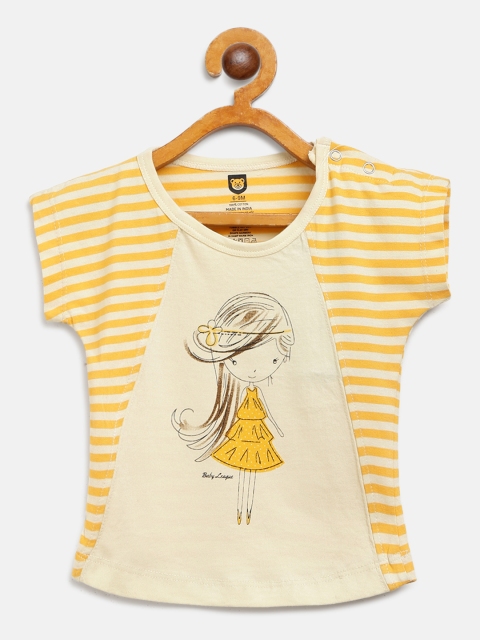 

612 league Girls Yellow & Beige Striped Round Neck T-shirt