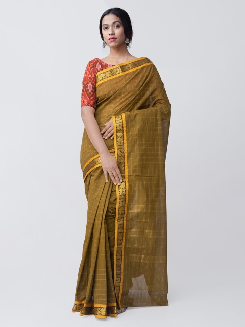

Unnati Silks Olive Green Pure Cotton Checked Handloom Chettinad Gamcha Sustainable Saree