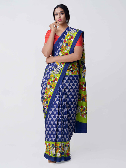 

Unnati Silks Blue & Green Silk Blend Pochampally Kalamkari Printed Handloom Sustainable Saree