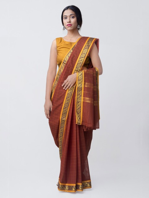 

Unnati Silks Brown & Yellow Pure Handloom Cotton Checked Chettinad Sustainable Saree