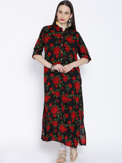 

Vishudh Black & Red Floral Print Kurta