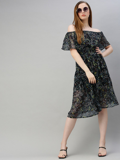 

Sera Women Black Floral Printed Off Shoulder Fit and Flare Dress