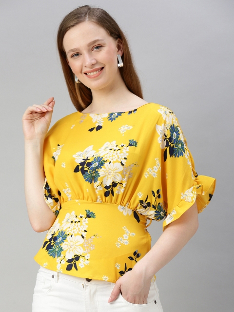 

Sera Women Yellow Floral Printed Styled Back Top with Tie-Up Detail