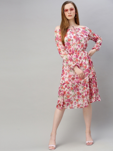 

Sera Women White & Pink Floral Printed Fit and Flare Dress With Tie-ups