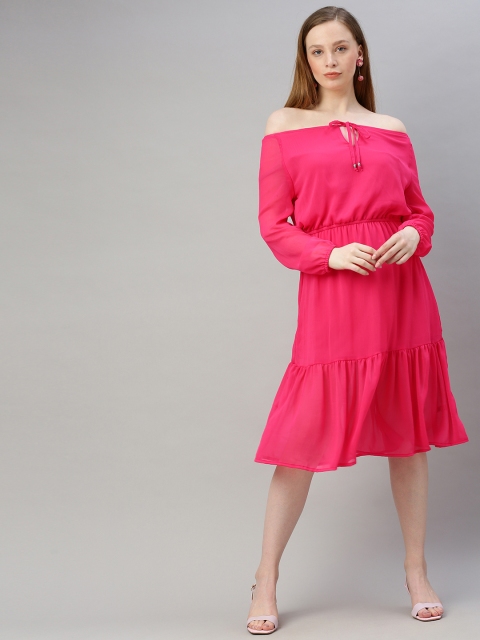 

Sera Women Pink Solid Off-Shoulder Fit and Flare Dress With Tie-Ups
