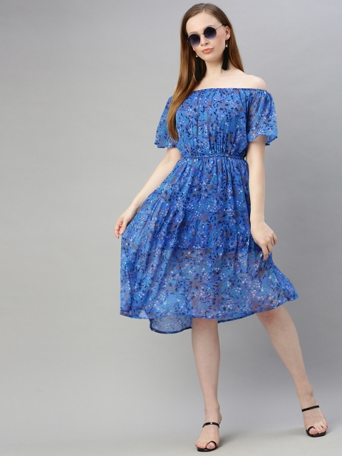 

Sera Women Blue & Black Floral Printed Off-Shoulder Fit and Flare Dress