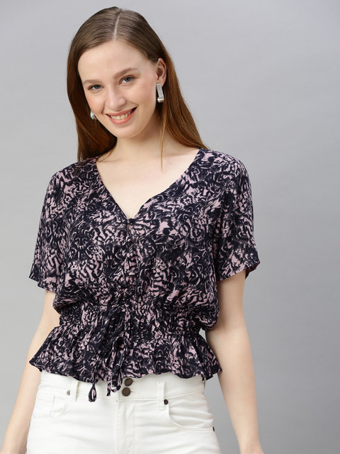

Sera Women Black & Pink Printed Cinched Waist Top
