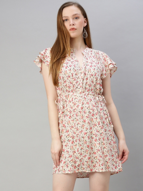 

Sera Women Off-White & Pink Printed Fit and Flare Dress with Flutter Sleeves