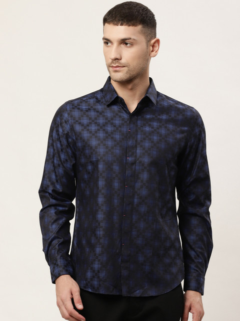 

United Colors of Benetton Men Blue & Black Slim Fit Printed Partywear Shirt
