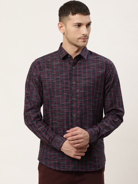 

United Colors of Benetton Men Navy Blue & Pink Slim Fit Checked Casual Shirt