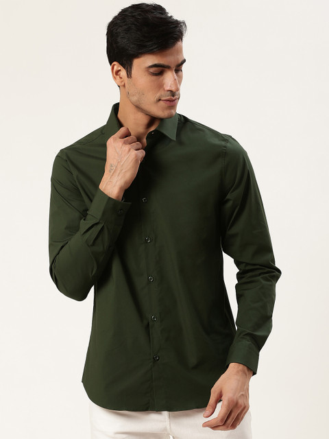 

United Colors of Benetton Men Olive Green Slim Fit Solid Knitted Casual Shirt