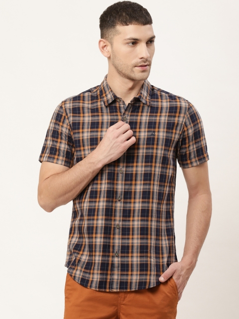 

United Colors of Benetton Men Navy Blue & Mustard Brown Slim Fit Checked Casual Shirt