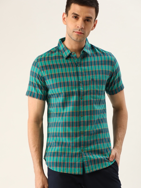 

United Colors of Benetton Men Green & Orange Slim Fit Checked Casual Shirt