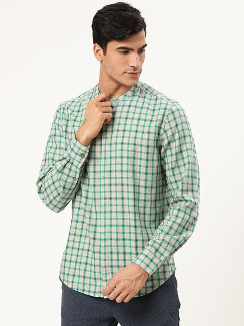 

United Colors of Benetton Men Grey Melange & Green Slim Fit Checked Casual Shirt