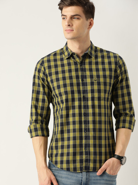 

United Colors of Benetton Men Olive Green & Navy Blue Slim Fit Checked Casual Shirt