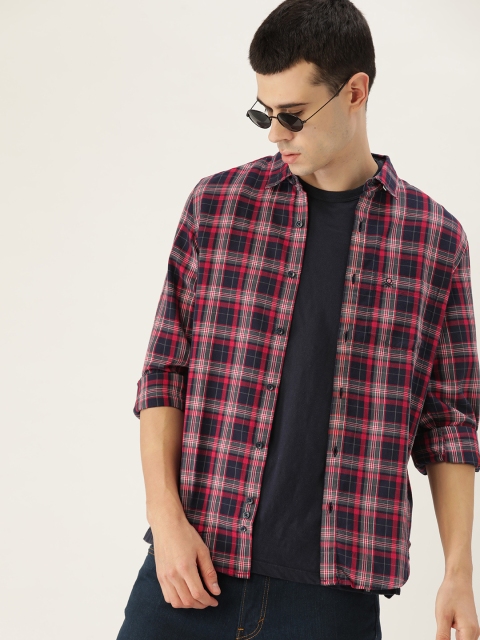 

United Colors of Benetton Men Navy Blue & Red Slim Fit Checked Casual Shirt