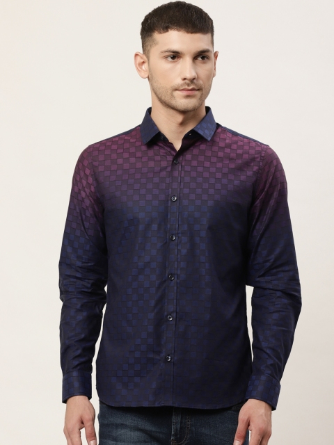 

United Colors of Benetton Men Navy Blue & Pink Slim Fit Dyed Checked Casual Shirt