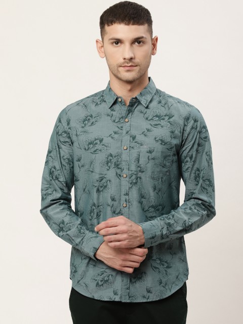 

United Colors of Benetton Men Green Slim Fit Floral Print Chambray Casual Shirt