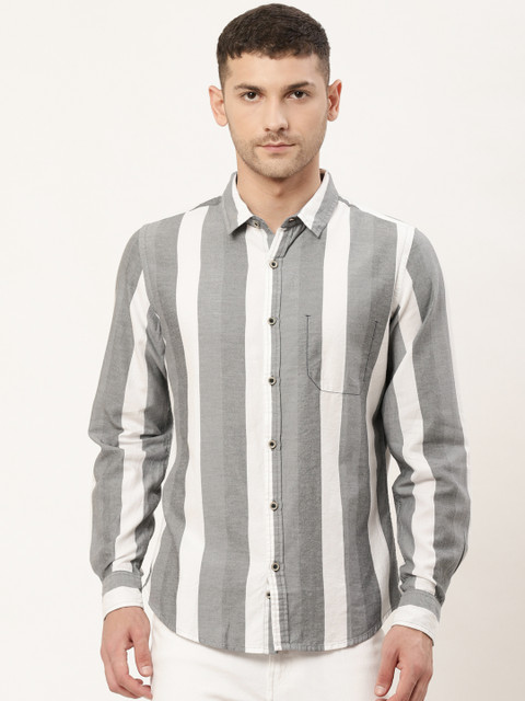 

United Colors of Benetton Men Grey & White Slim Fit Striped Casual Shirt