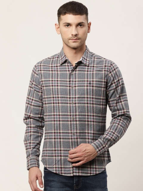 

United Colors of Benetton Men Grey & Black Slim Fit Checked Casual Shirt